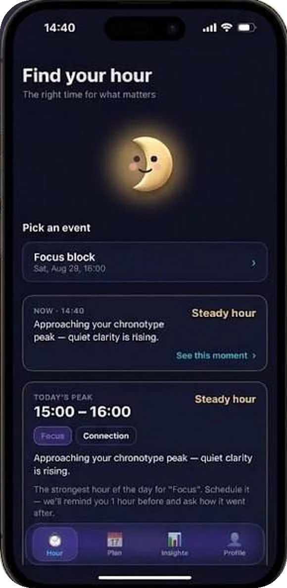 Tu hora — La ventana pico de hoy, qué está pasando ahora mismo y la hora adecuada para el evento que elegiste.